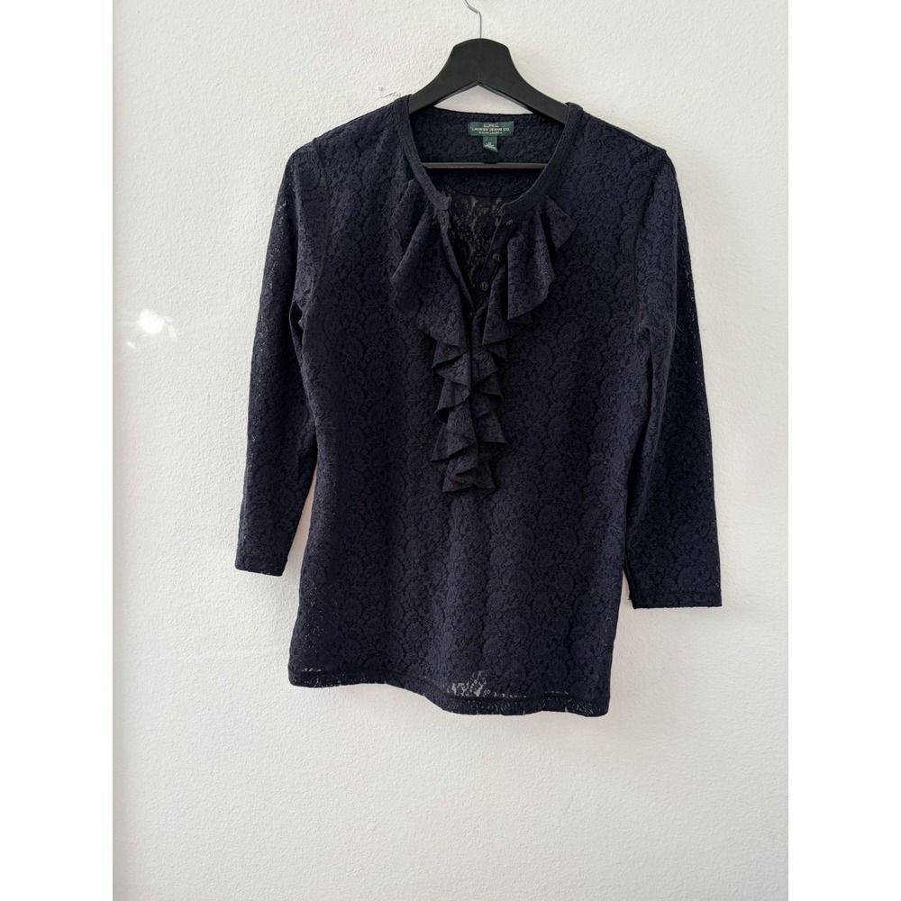 Lauren Jeans Co Ralph Lauren Womens Top Medium Black Lace Ruffle Long Sleeve